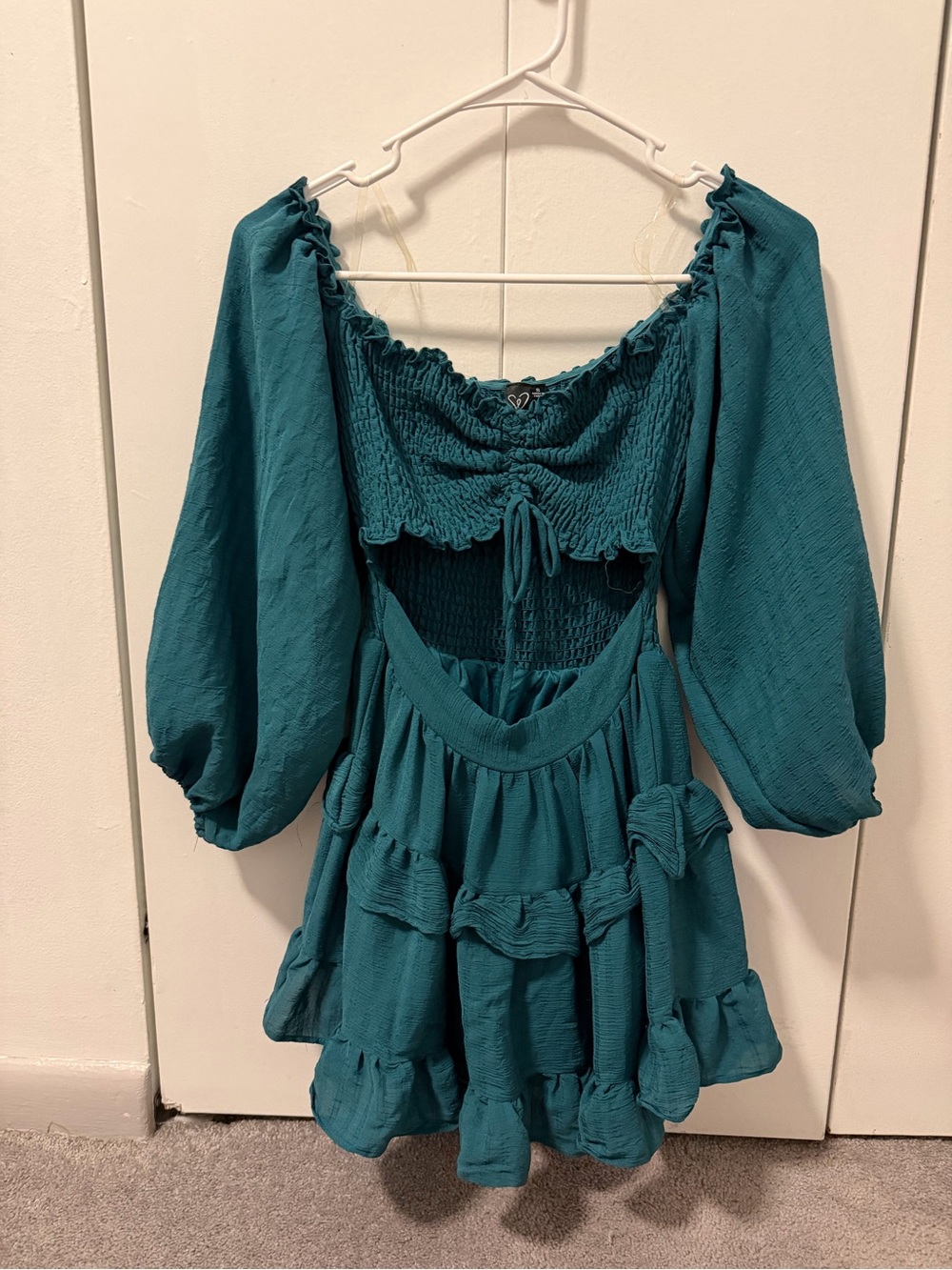 Windsor Teal Puff-Sleeve Smocked Mini Dress